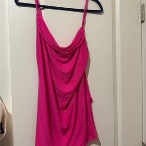 White fox Draped Cowl Neck Spaghetti Strap mini dress- Hot Pink